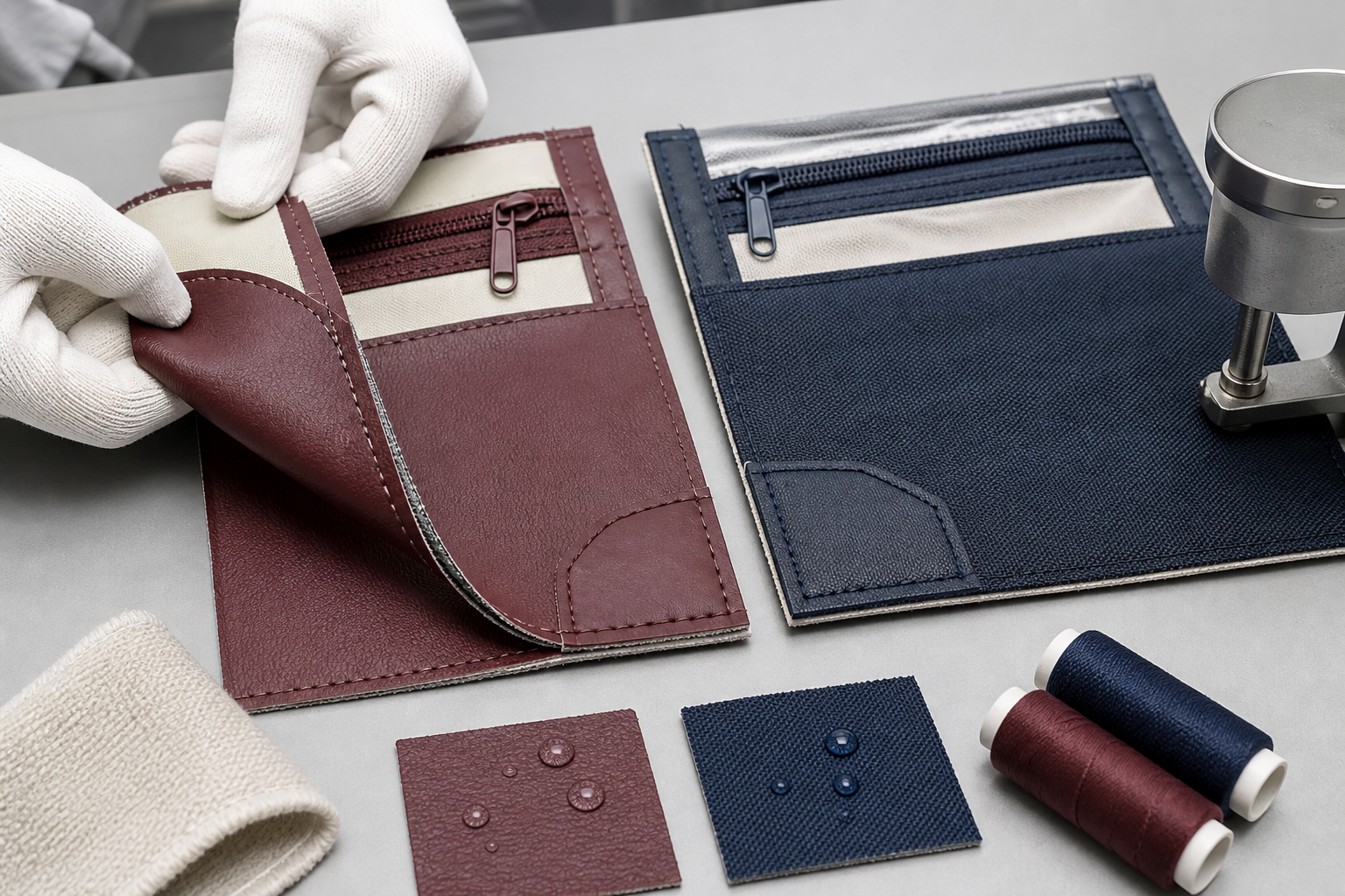 Matched PU and polyester cosmetic bag material panels reviewed for flex seams coating and thickness