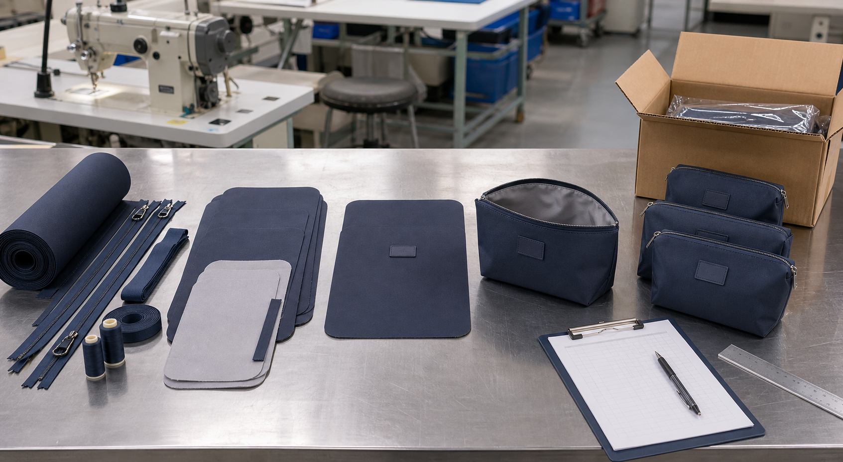 Custom cosmetic bag production milestones from material and zipper preparation through cut panels assembly inspection and export packing