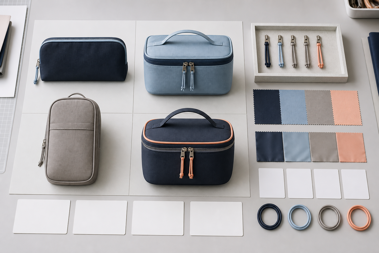 Cosmetic bag collection review board with four prototypes coordinated fabric and lining swatches zipper pulls piping and blank SKU cards