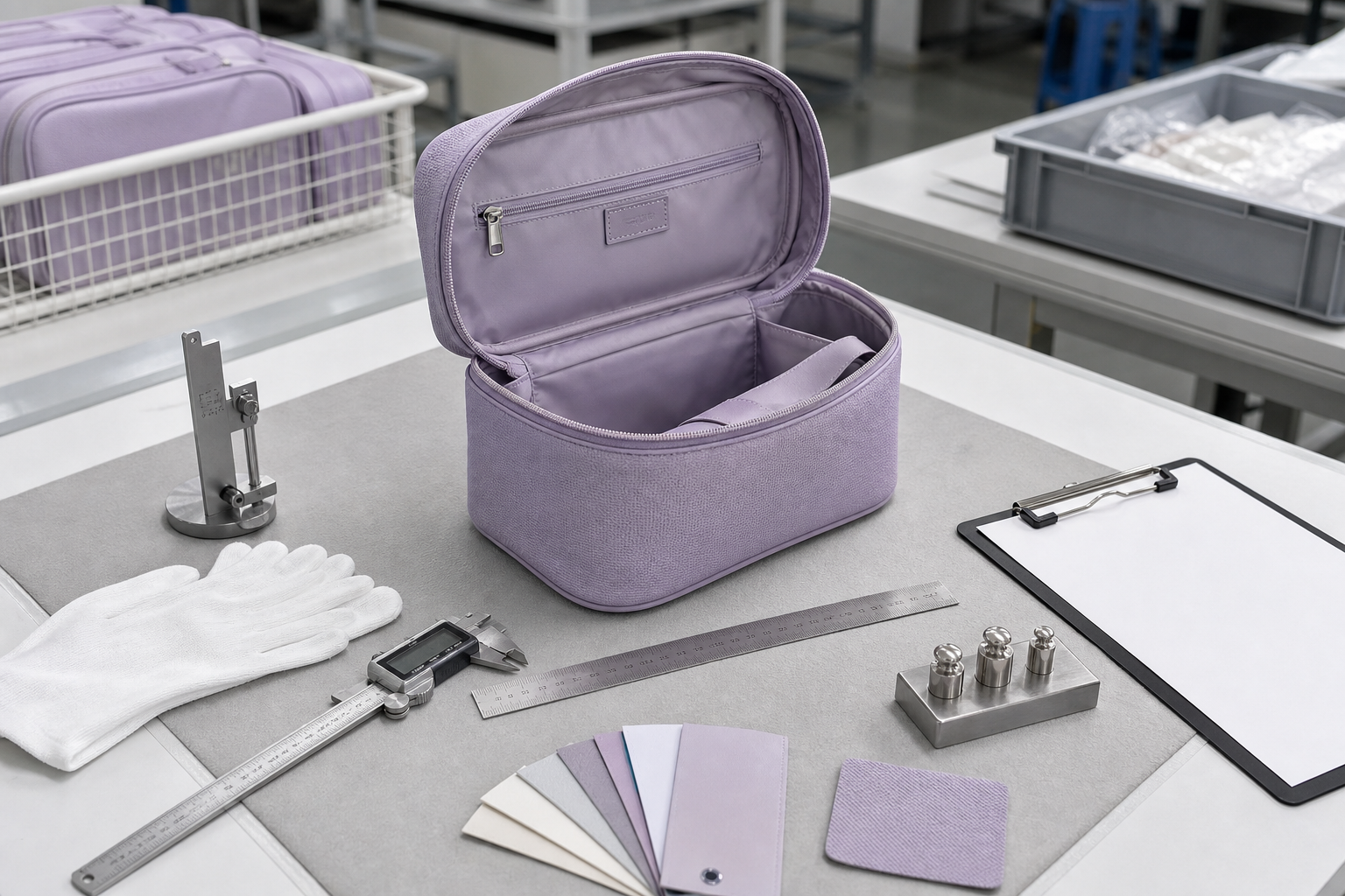 Open custom cosmetic bag at a factory quality control station with ruler caliper color swatches weights and inspection checklist