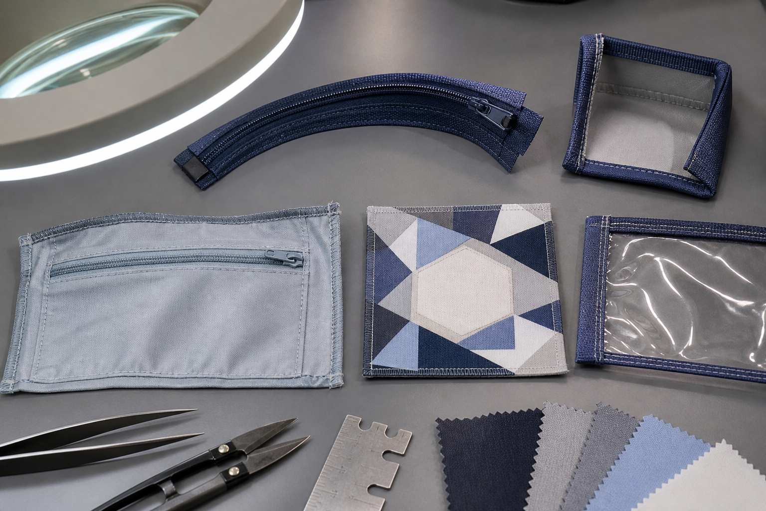 Cosmetic bag workmanship inspection samples showing curved zipper bound corner lining pocket printed panel and clear film seam under magnifying light