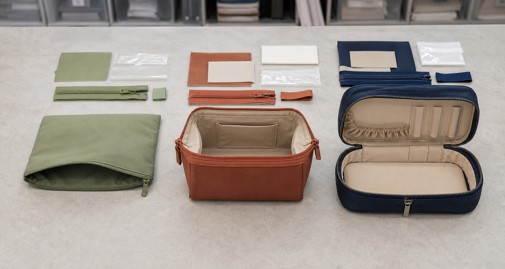 Three cosmetic bag constructions from simple flat pouch to lined gusset bag and structured vanity case with matching components