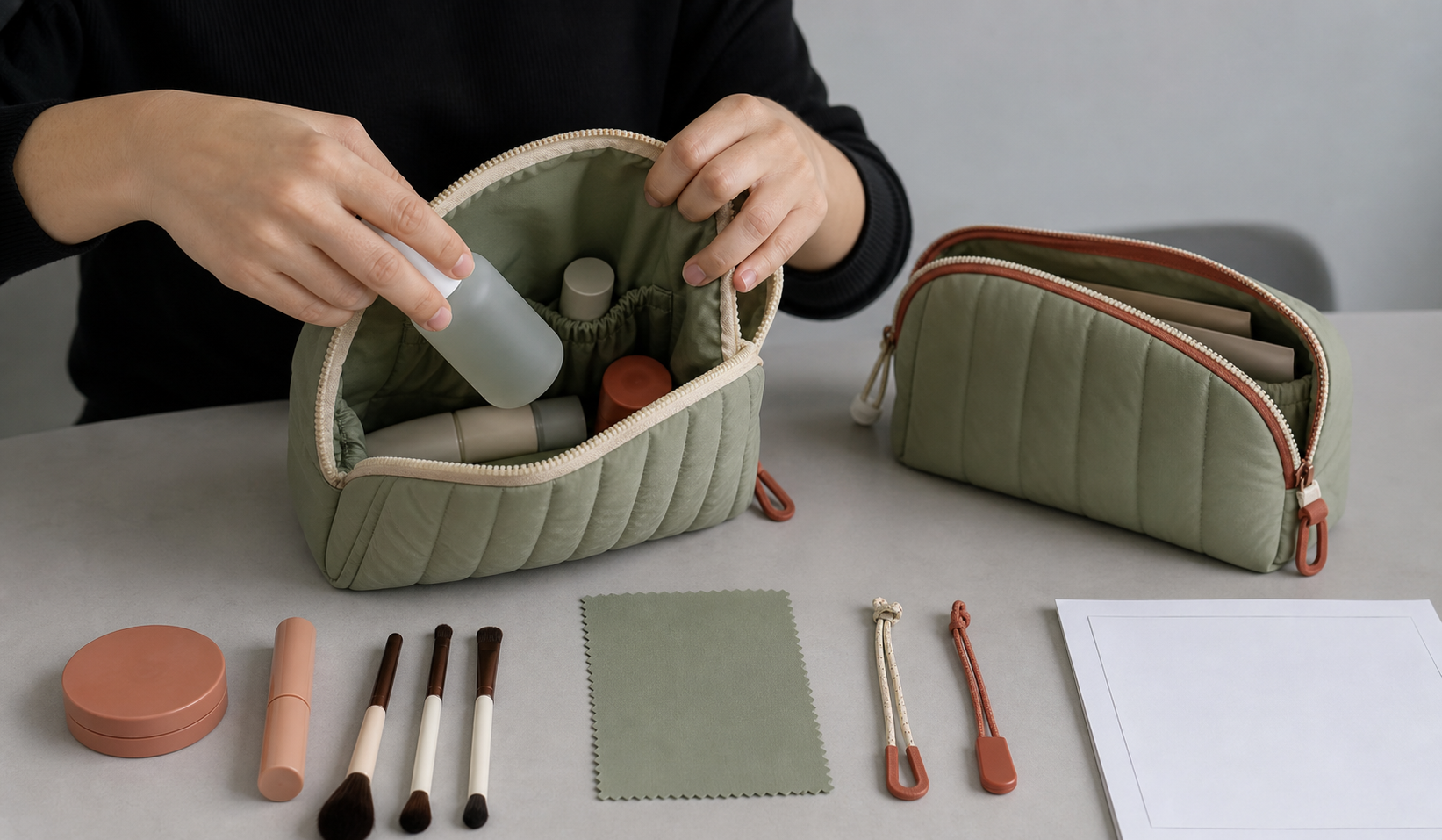 Buyer reviewing custom cosmetic bag sample capacity and opening with actual unbranded skincare bottles brushes lining swatch and zipper pull options