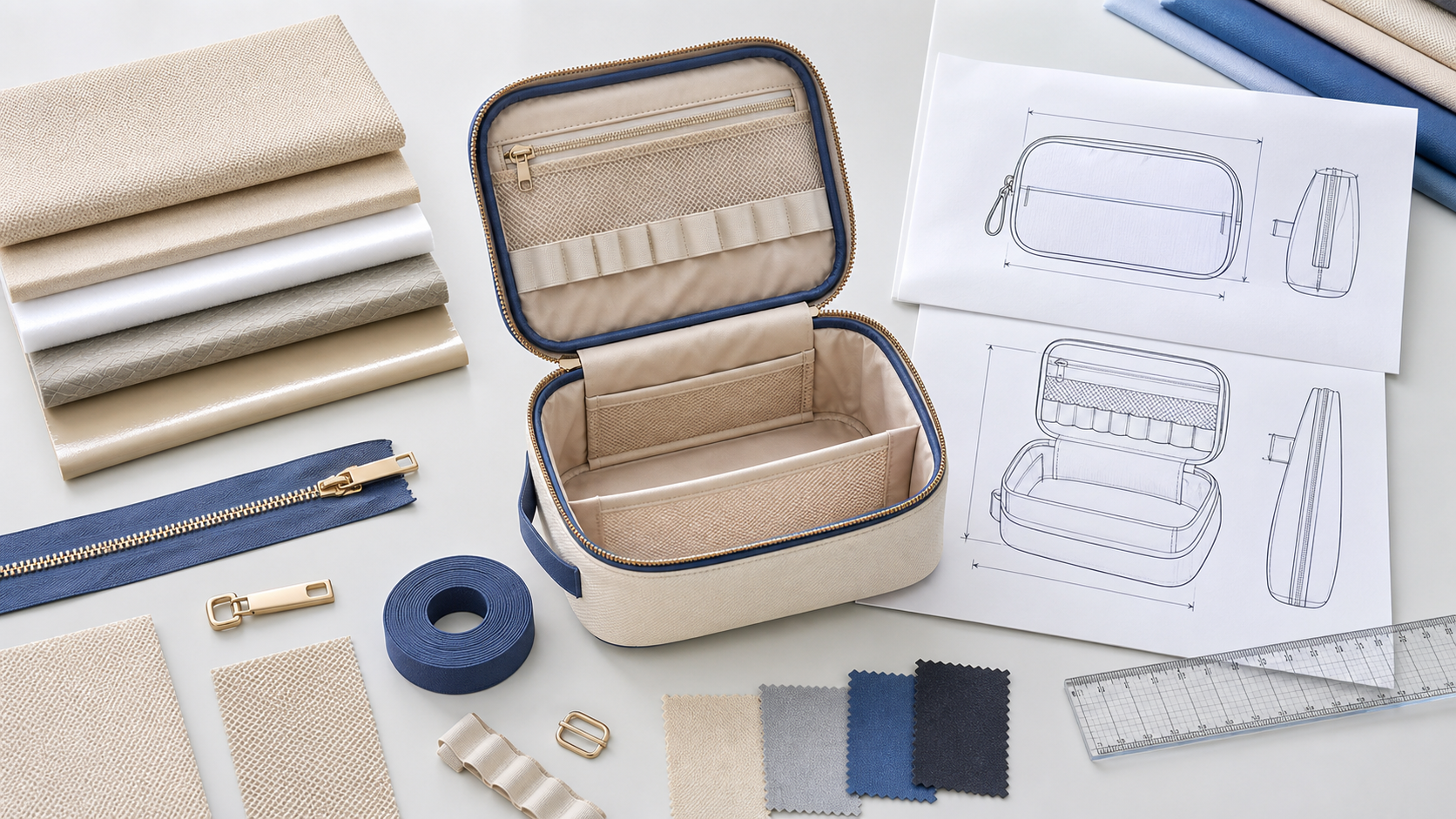Cosmetic bag tech pack with structured bag technical drawings material layers zipper hardware lining and measurement tools
