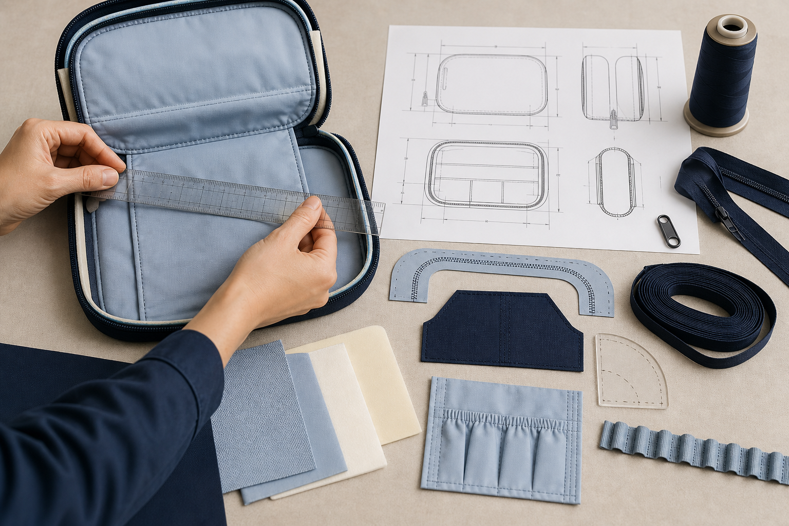 Technician measuring cosmetic bag interior beside technical flat gusset pattern zipper path lining layers pocket and elastic brush slot samples