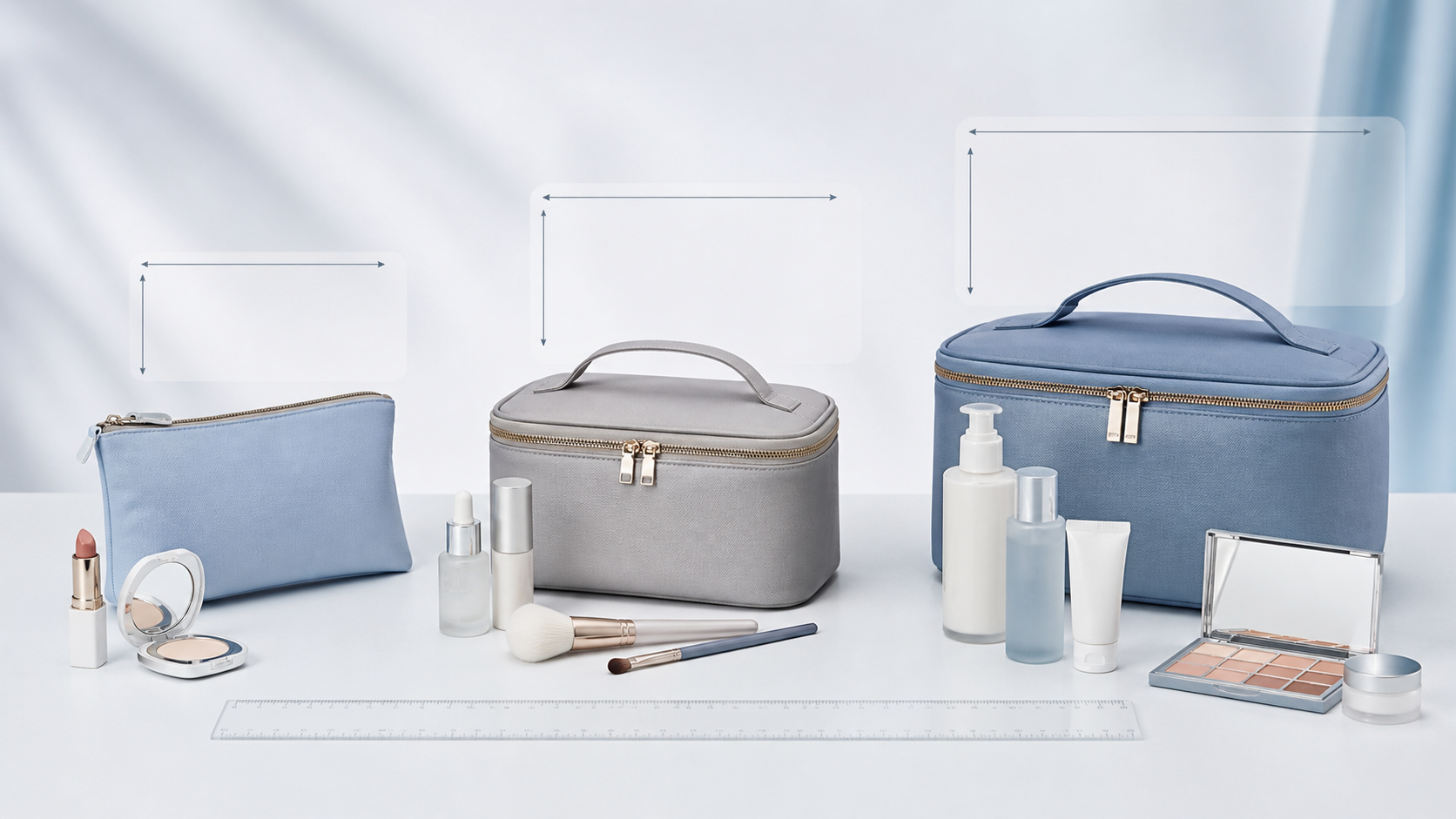 Small medium and large custom cosmetic bags displayed with appropriately sized beauty products and measurement guides