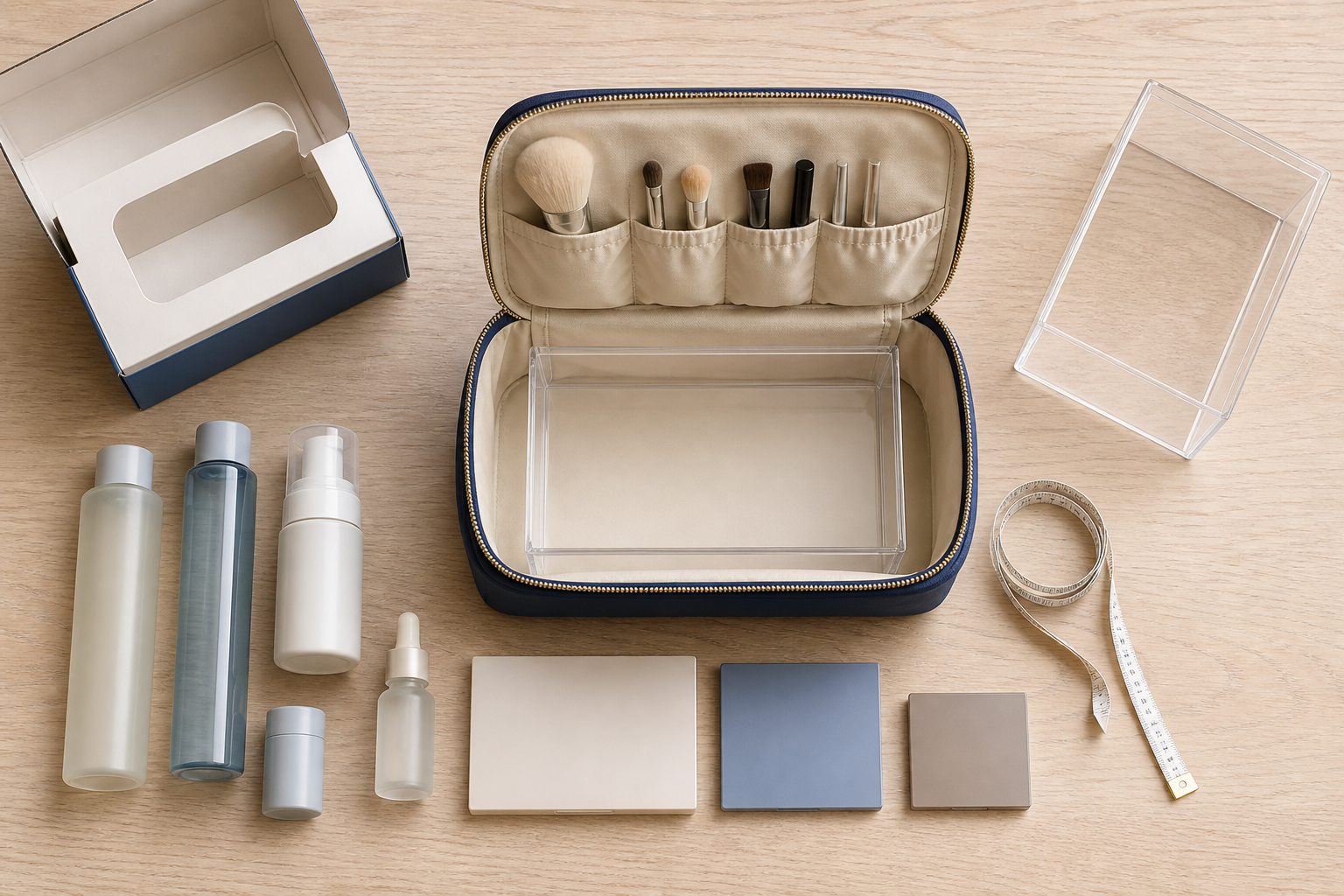 Open cosmetic bag capacity fit test with tall bottles palettes brushes clear size gauge measuring tape and retail box insert
