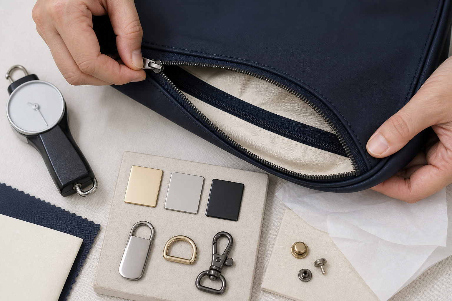 Technician reviewing curved cosmetic bag zipper operation lining clearance puller hardware and gold silver black finish samples