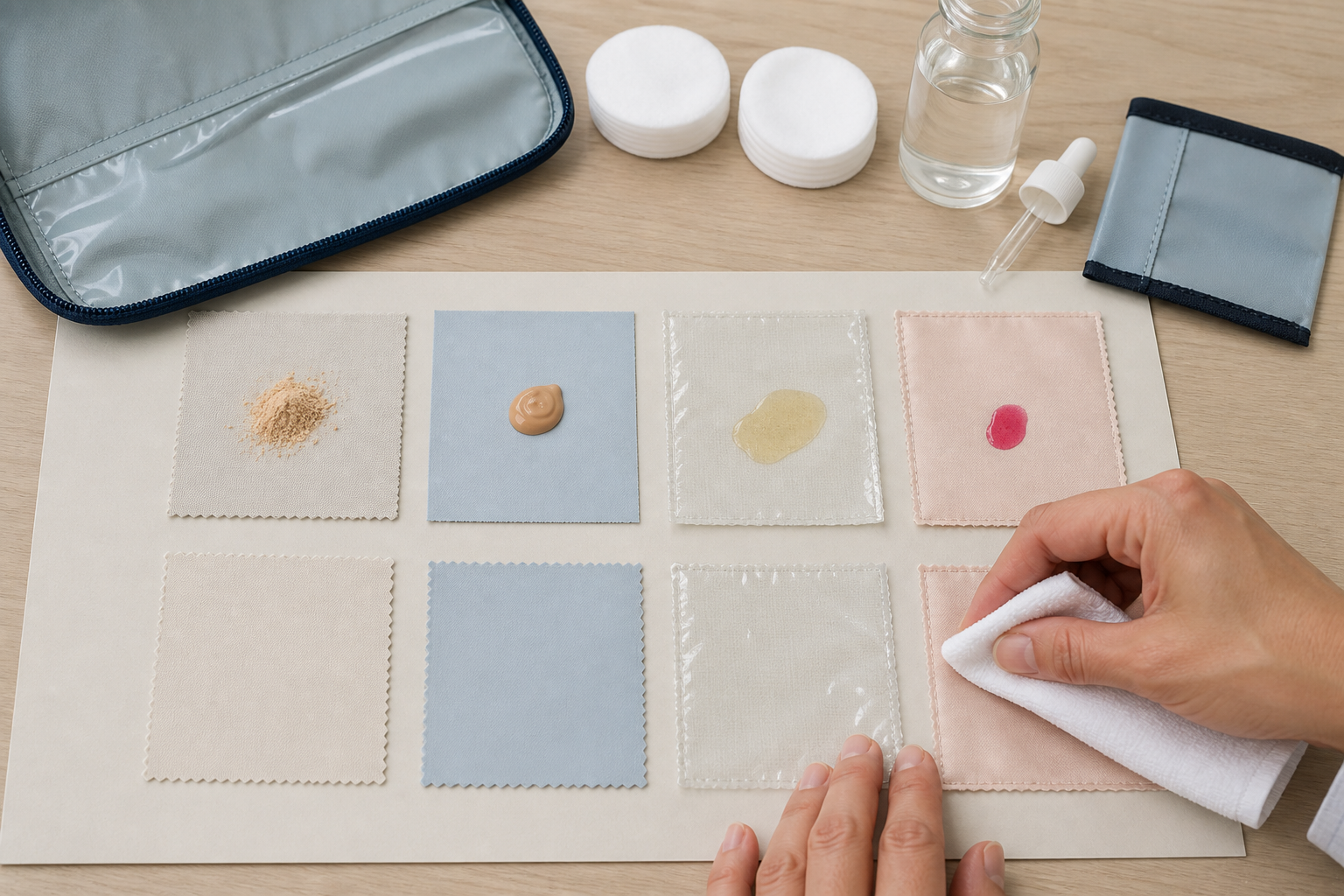 Technician testing woven coated film-laminated and satin cosmetic bag lining swatches with powder foundation balm colored liquid and wipe cleaning