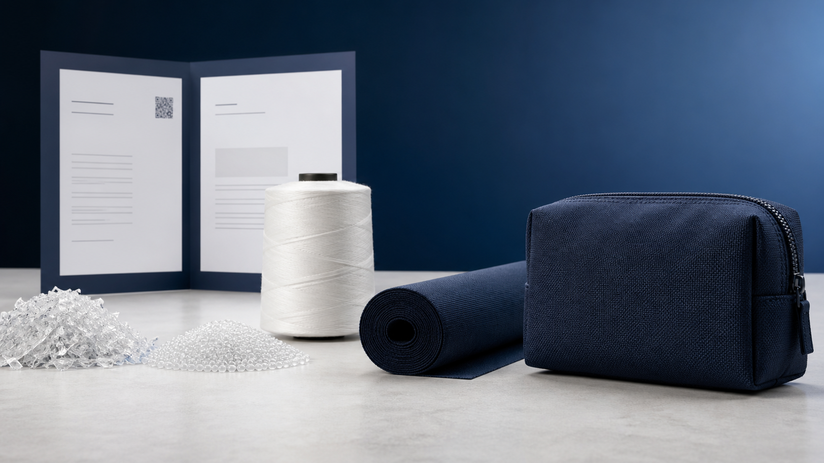 RPET cosmetic bag traceability from clear recycled flakes and pellets through yarn and fabric to one finished bag with documents