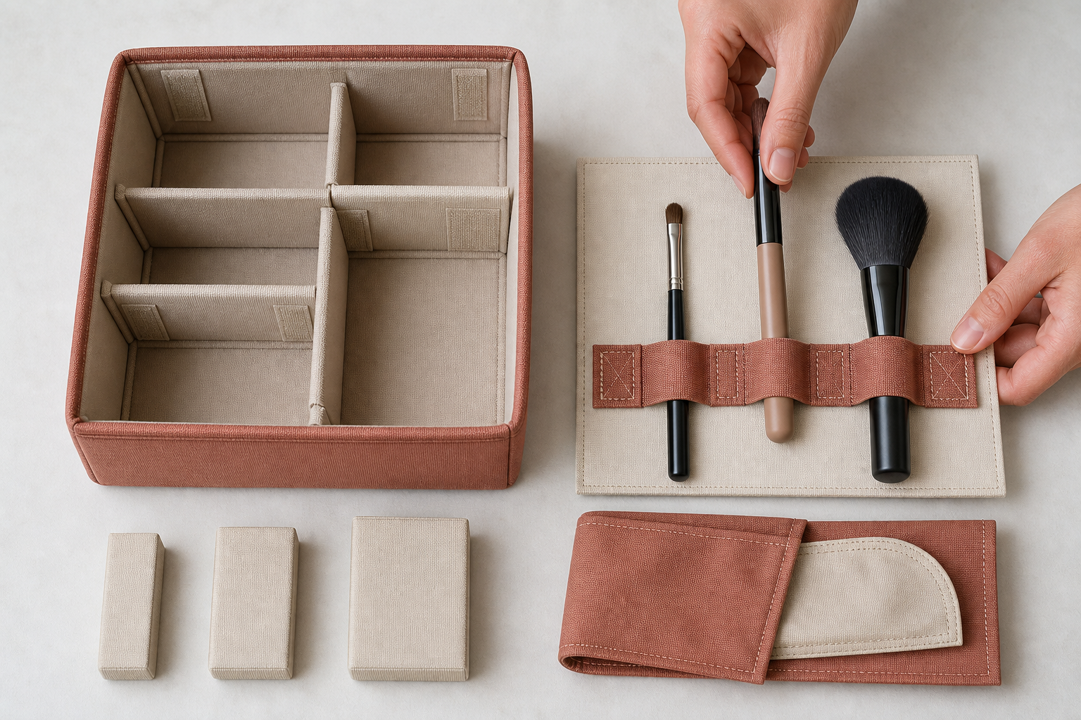 Buyer testing removable cosmetic bag dividers and elastic brush holders with three brush handle sizes