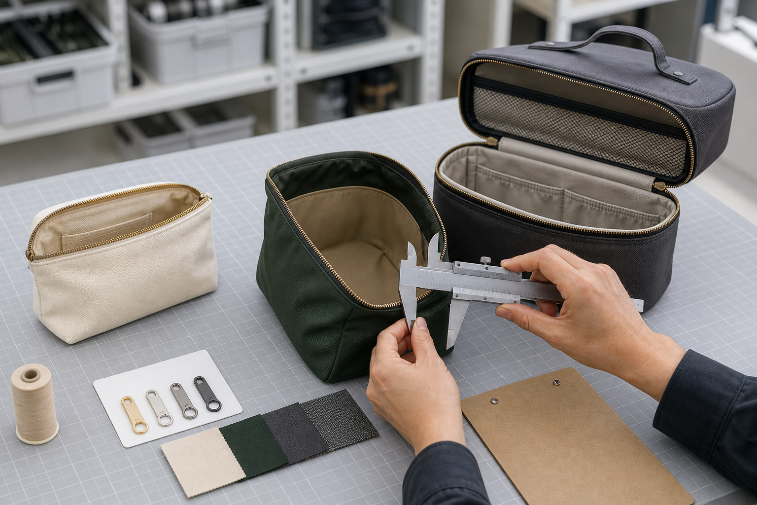 Quality technician evaluating three cosmetic bag manufacturer samples with a caliper and material swatches