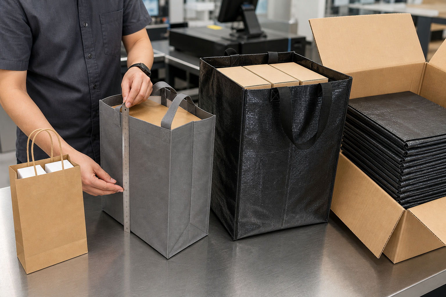 Packaging engineer validating small medium and large shopping bag capacity and folded carton efficiency