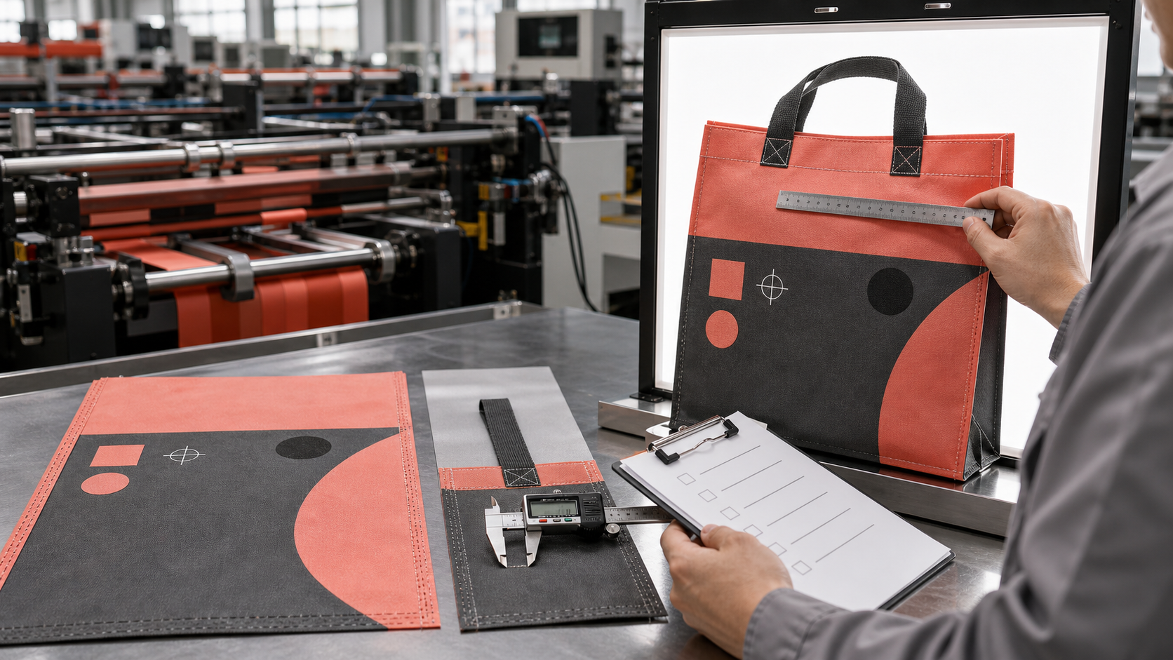 First-off quality approval for non-woven shopping bag printing ultrasonic seam and handle reinforcement