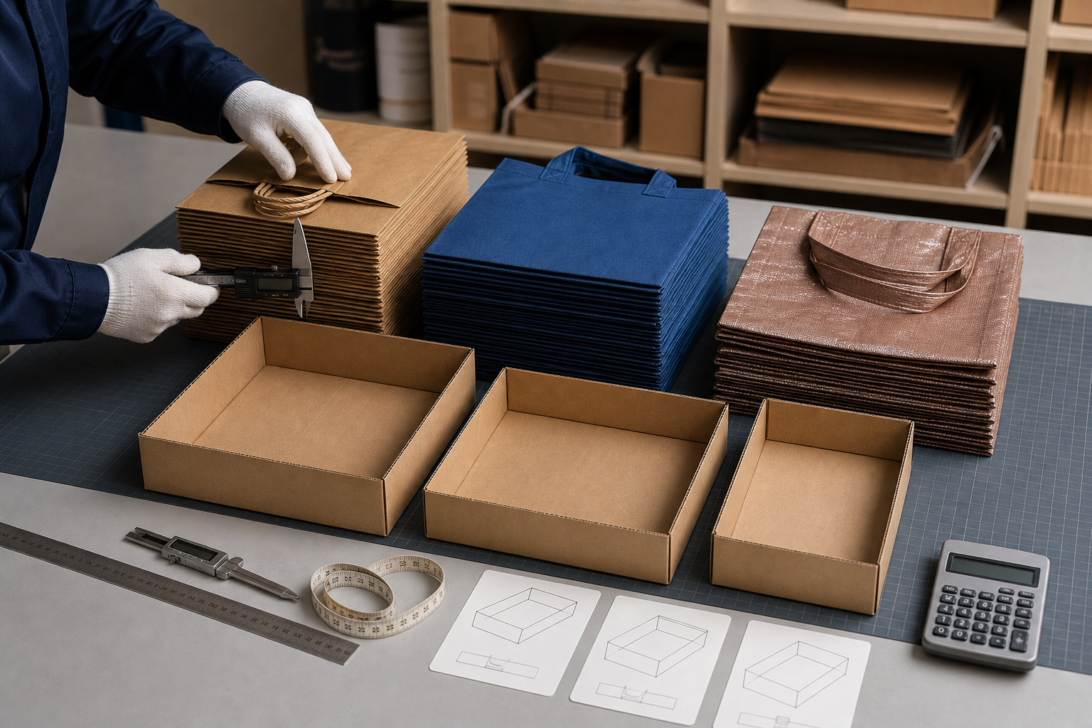 Shopping bag carton cost analysis comparing folded paper non-woven and laminated woven polypropylene bags