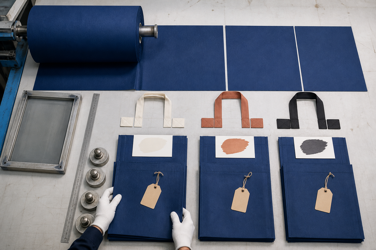 Shopping bag SKU consolidation using one material lot with controlled handle and artwork variants