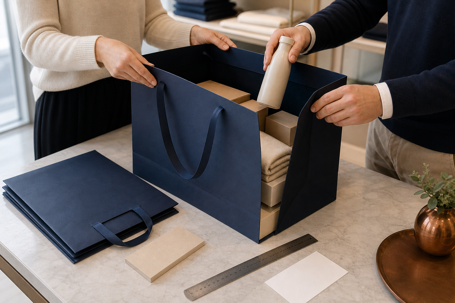 Custom shopping bag checkout fit trial using representative retail products and an empty folded comparison sample