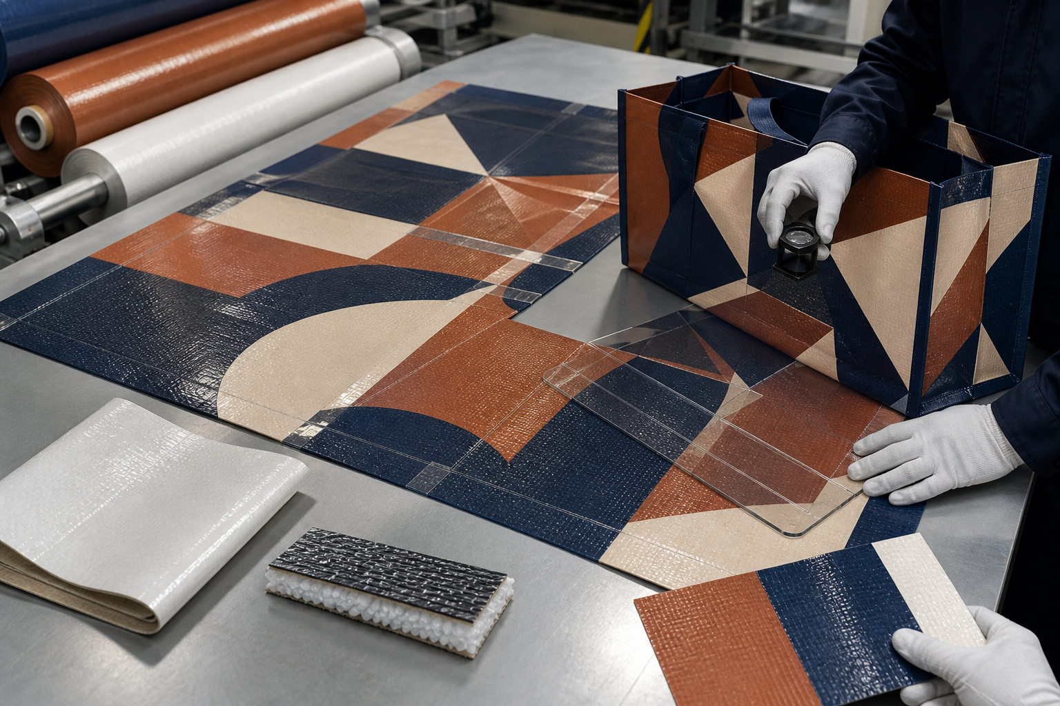 Custom shopping bag tech pack artwork mapping across laminated woven polypropylene front side gusset and bottom panels