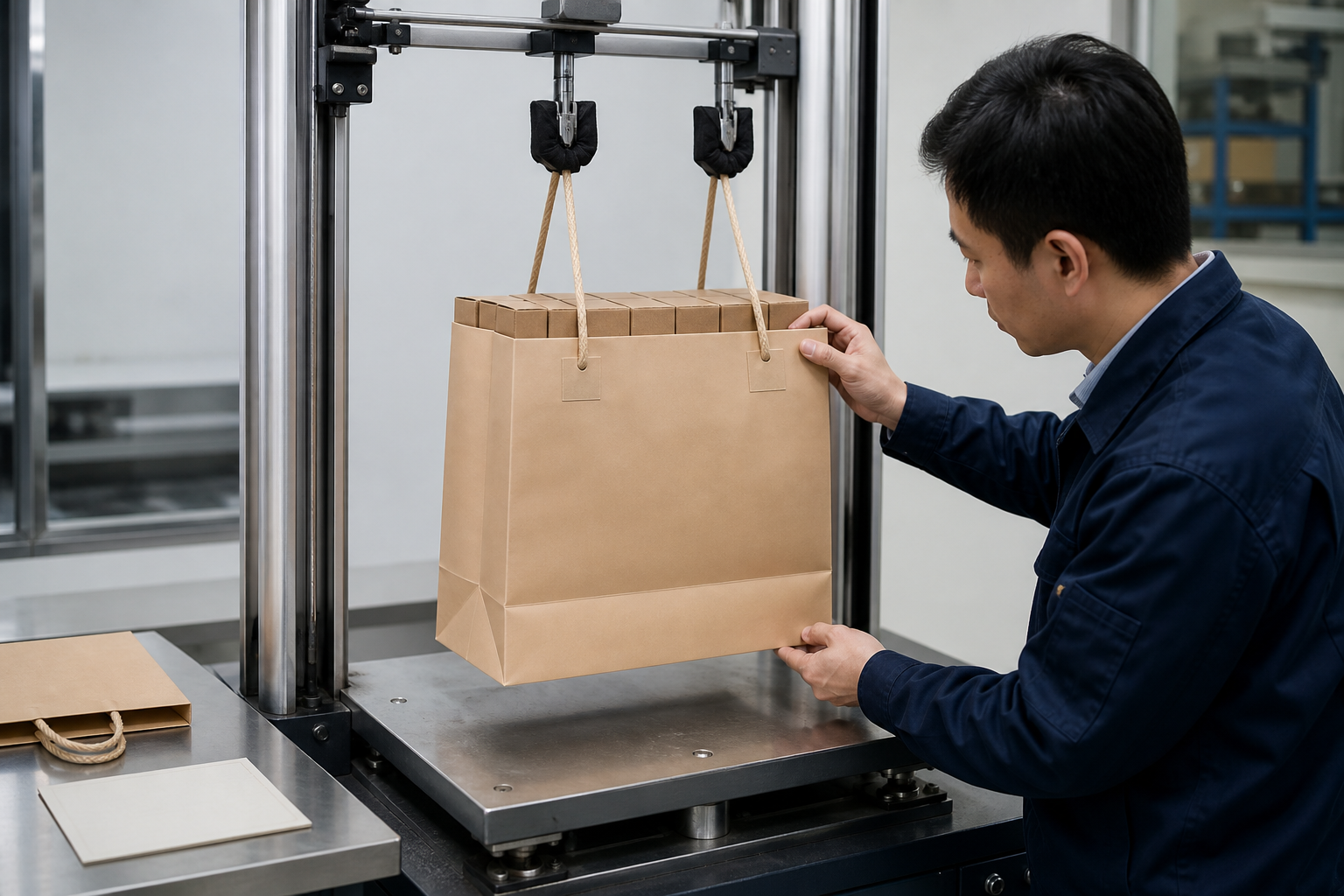 Custom paper shopping bag dynamic load path test checking rope handles reinforcement patches gussets and bottom seam
