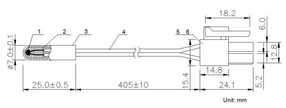 Dimensiones del sensor NTC para refrigerador