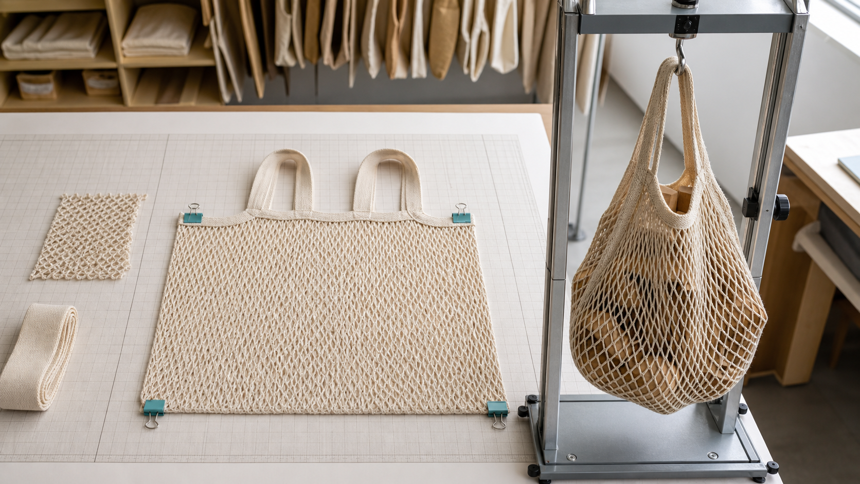 Cotton mesh shopping bag shown flat for size measurement and suspended under a controlled load