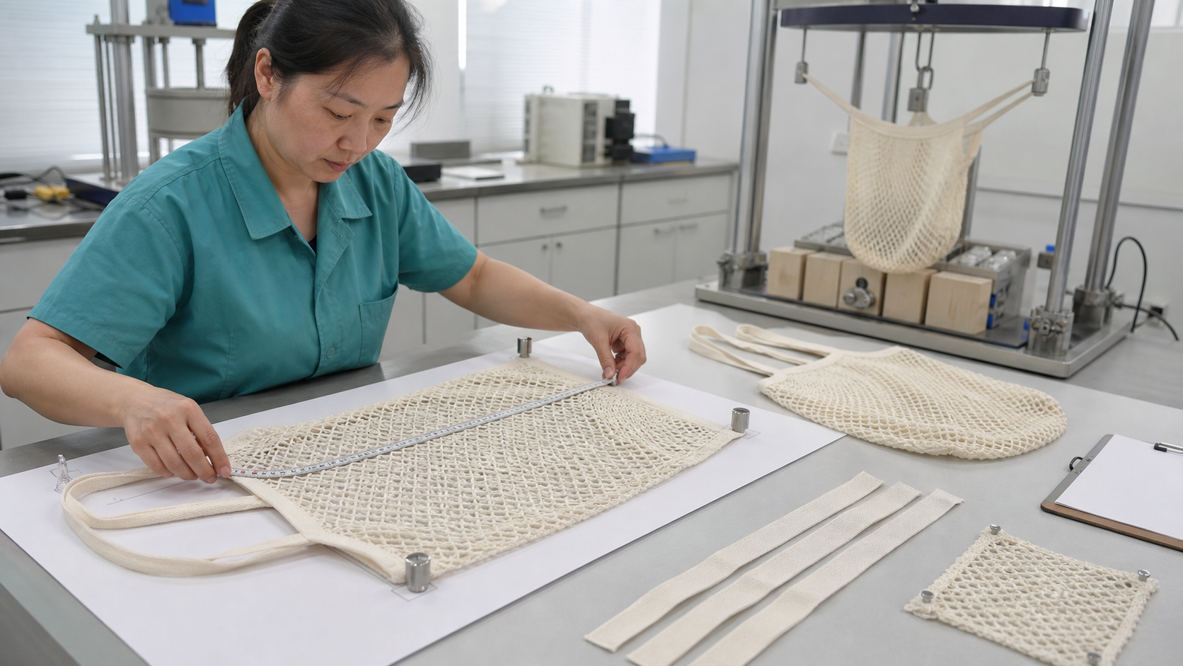 Factory technician measuring a conditioned cotton mesh shopping bag after washing beside a cyclic load test