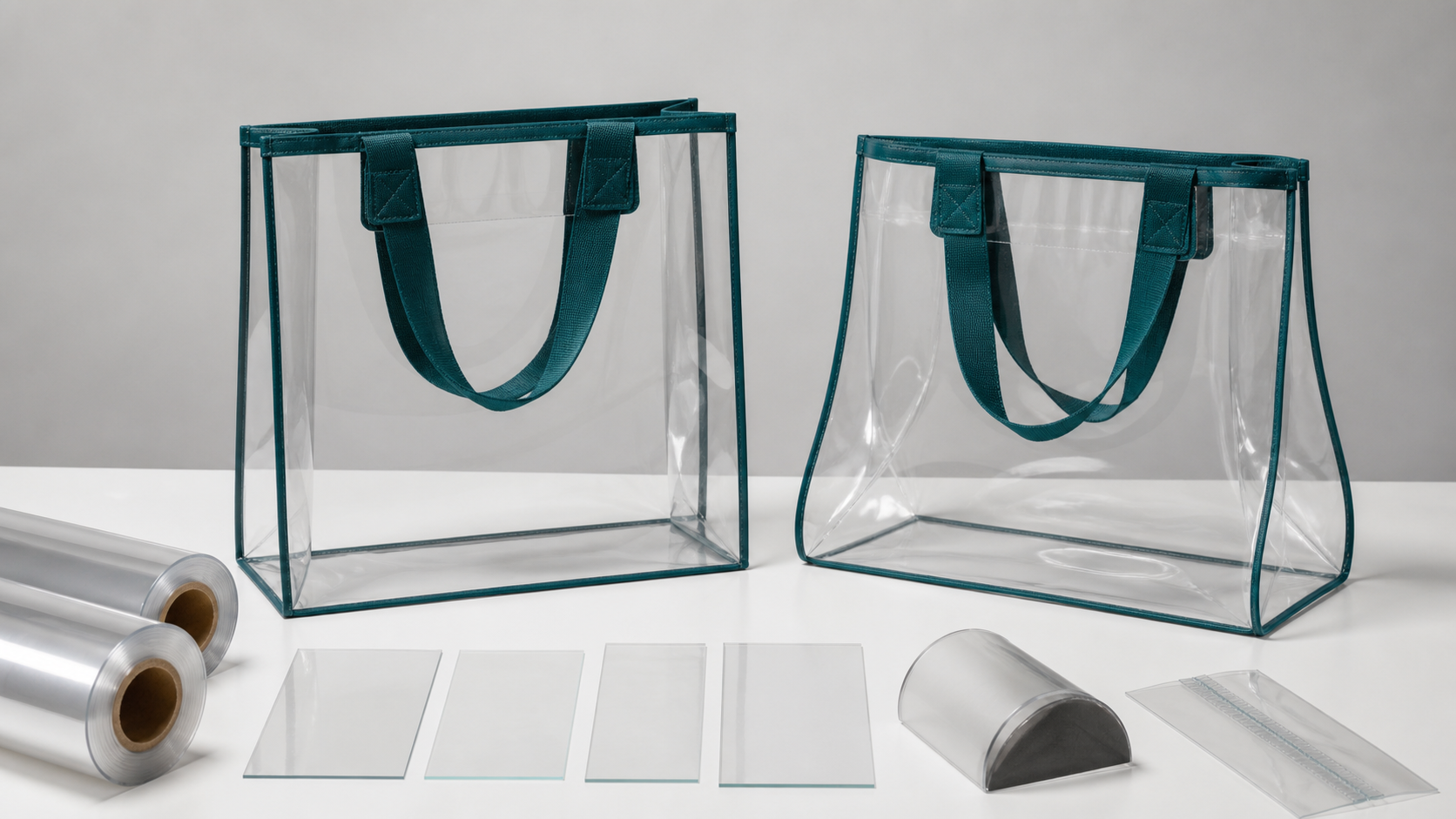 Two identical clear shopping bags showing firmer PVC-like and softer TPU-like film behavior with material samples