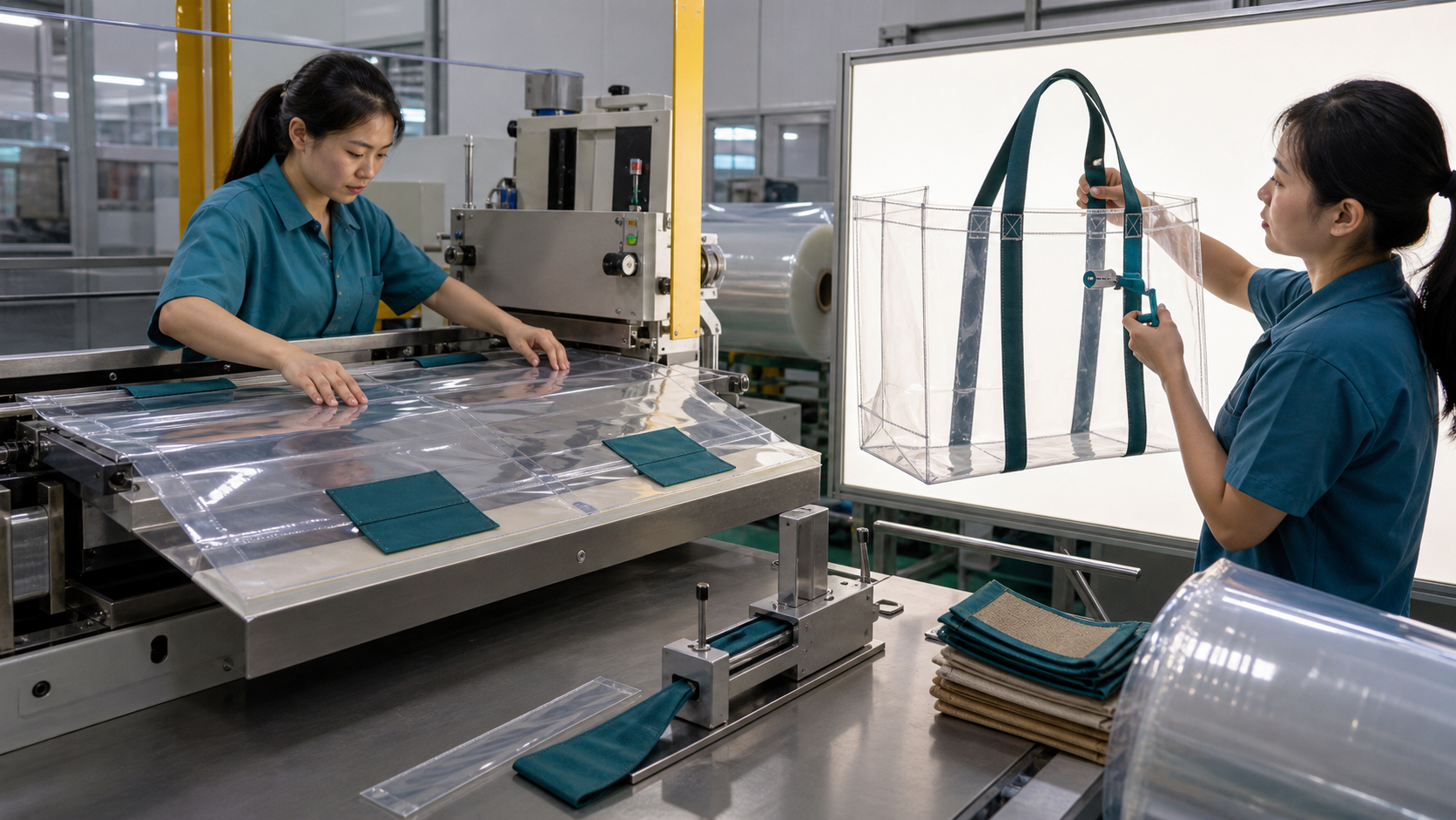 Clear shopping bag film being welded and inspected for thickness transparency seams and handle reinforcement