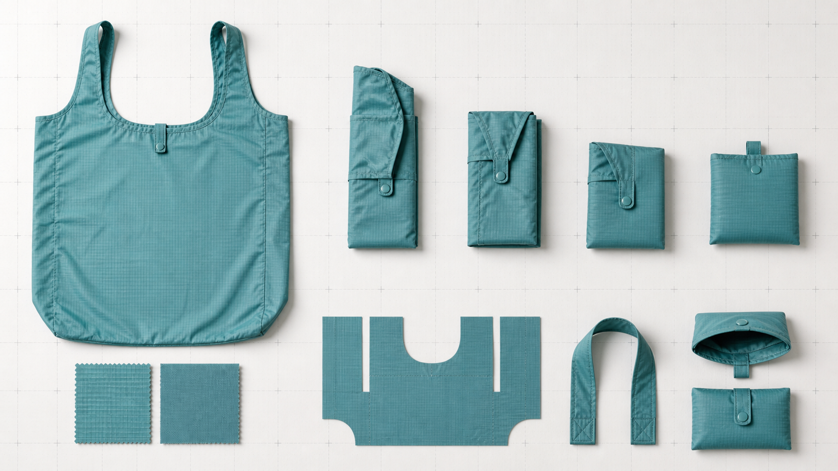 Foldable shopping bag shown from open form through consistent folding stages into an integrated self-pouch