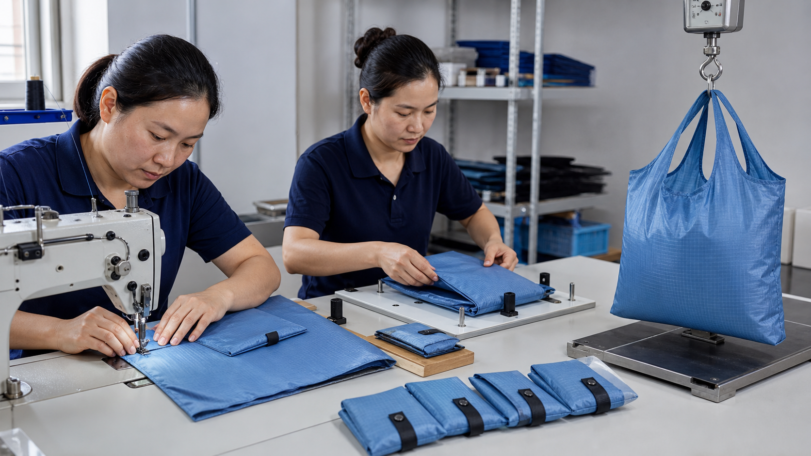 Foldable shopping bag self-pouch sewing fold-cycle inspection and complete-bag load testing