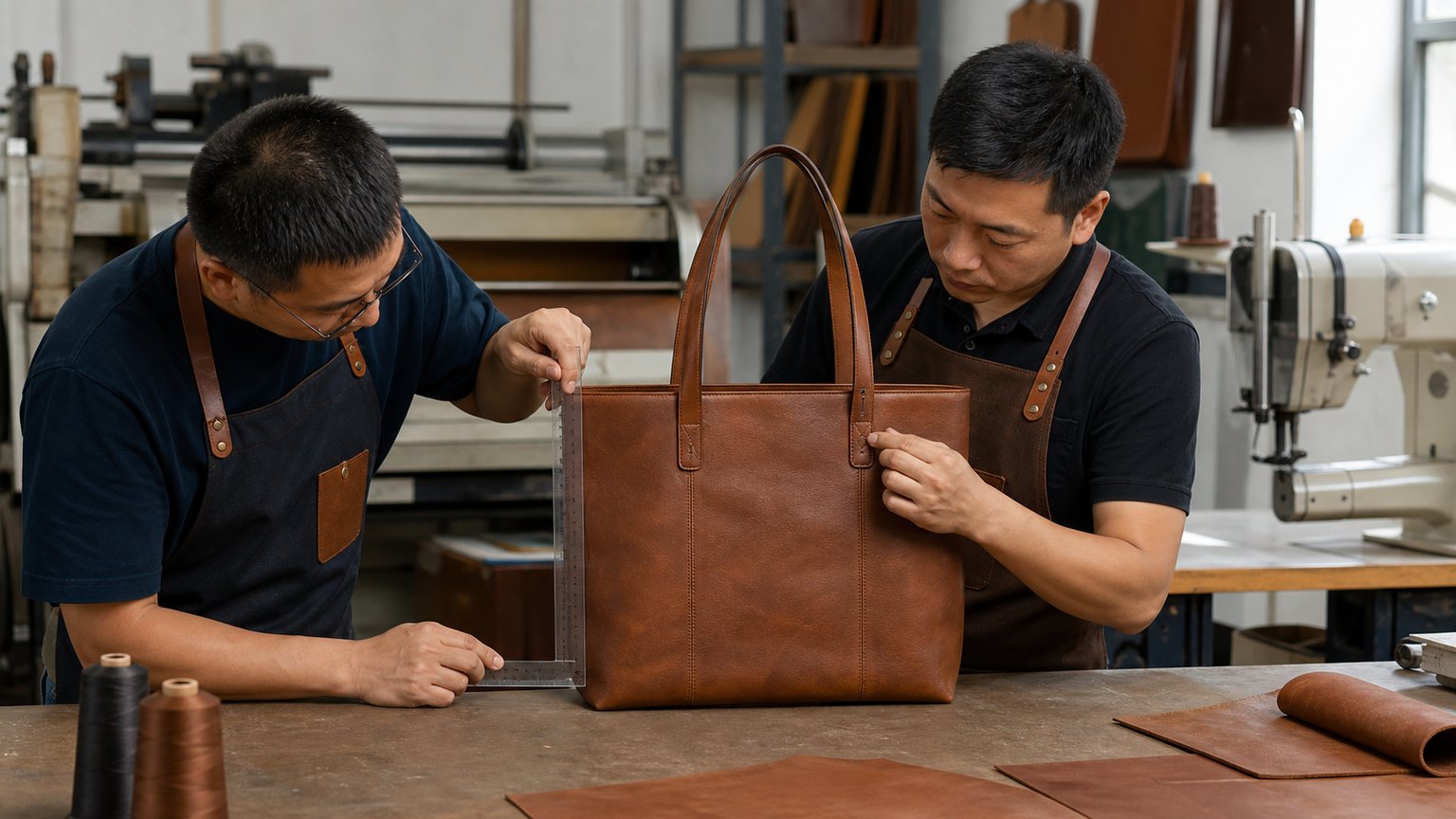 Contrôle qualité en usine des sacs cabas en cuir