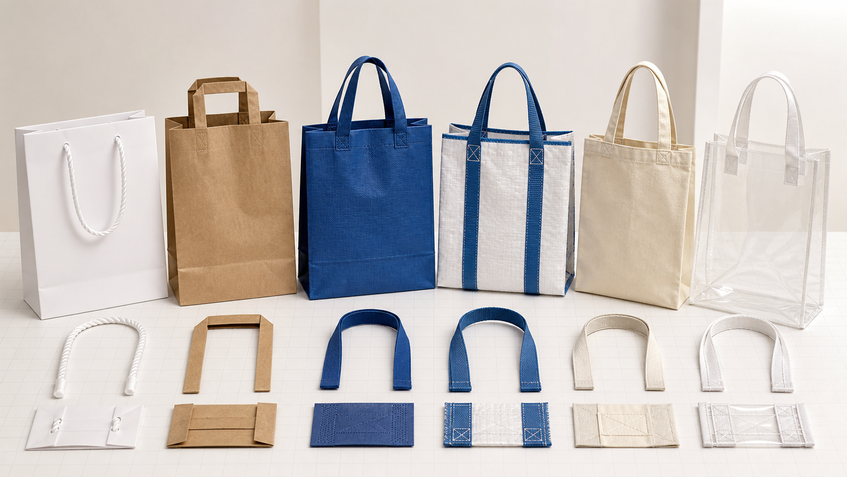 Comparison of rope paper non-woven webbing self-fabric and clear shopping bag handle systems