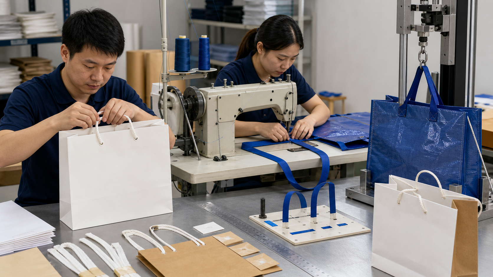 Paper rope handle insertion webbing sewing alignment fixture and shopping bag handle pull testing