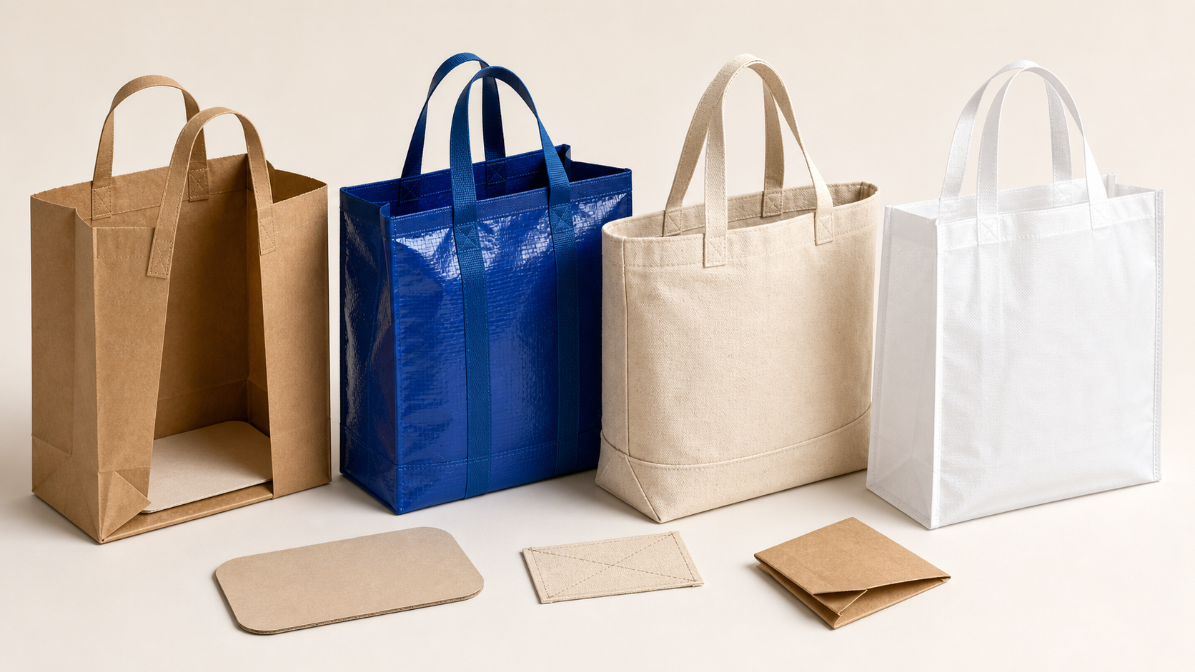 Paper PP canvas and nonwoven shopping bag gusset and reinforced bottom constructions