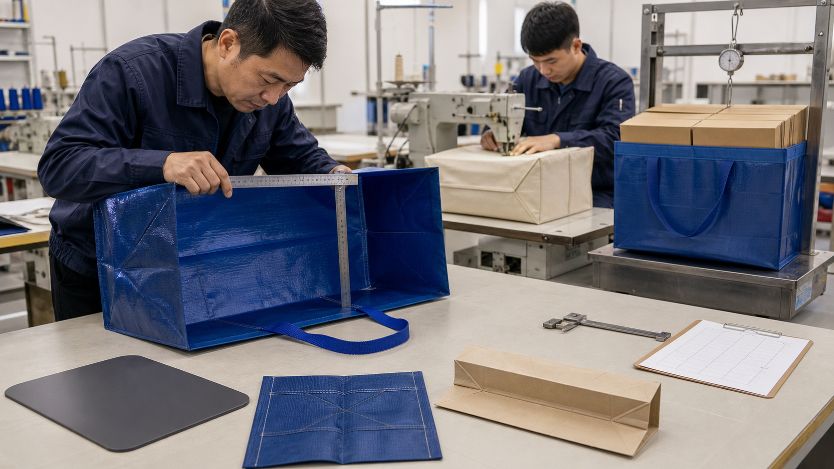 Factory measurement of a woven PP bottom gusset with base boards sewing and filled-load inspection