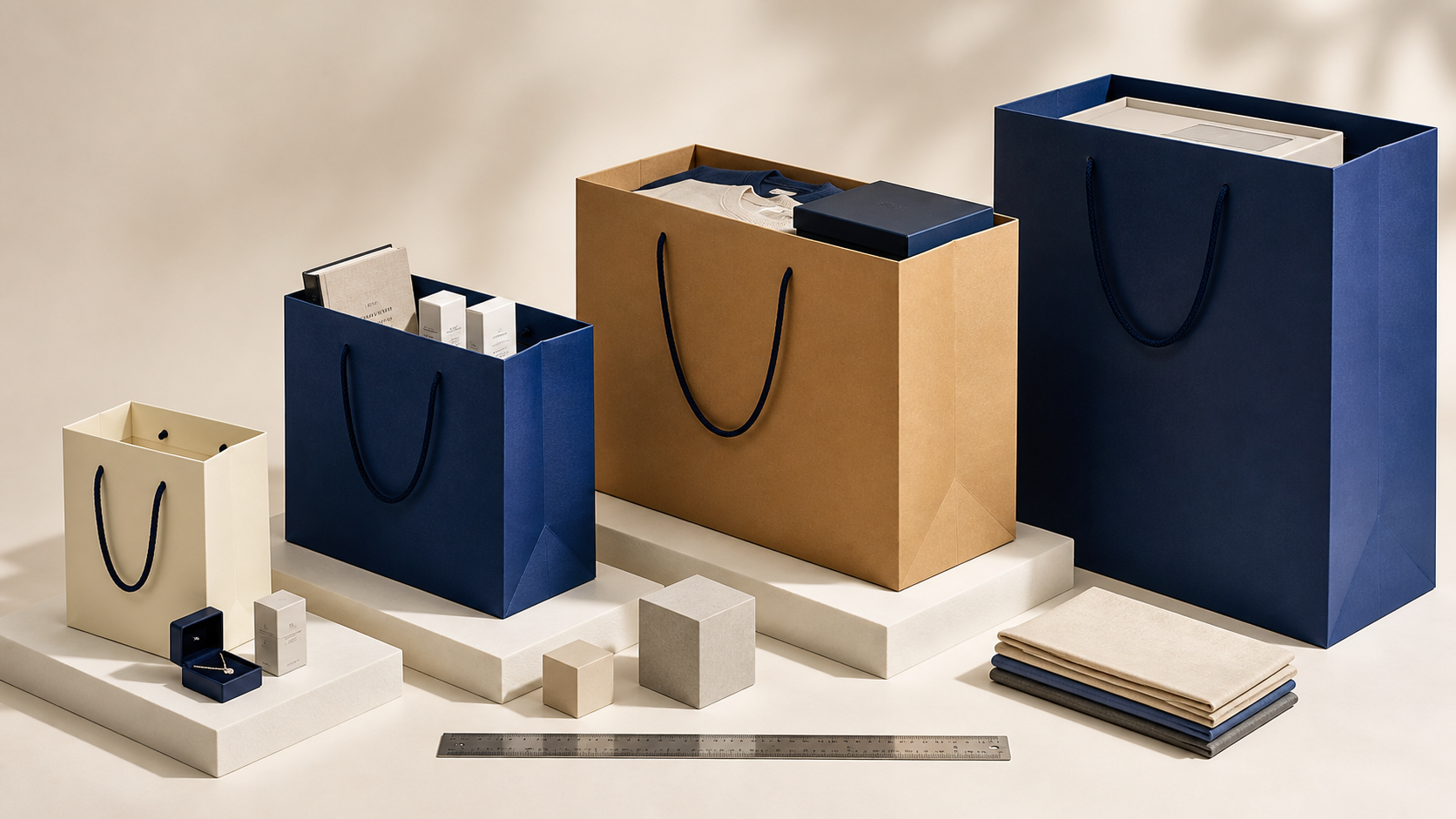 Four retail shopping bag sizes matched to jewelry beauty apparel and boxed products