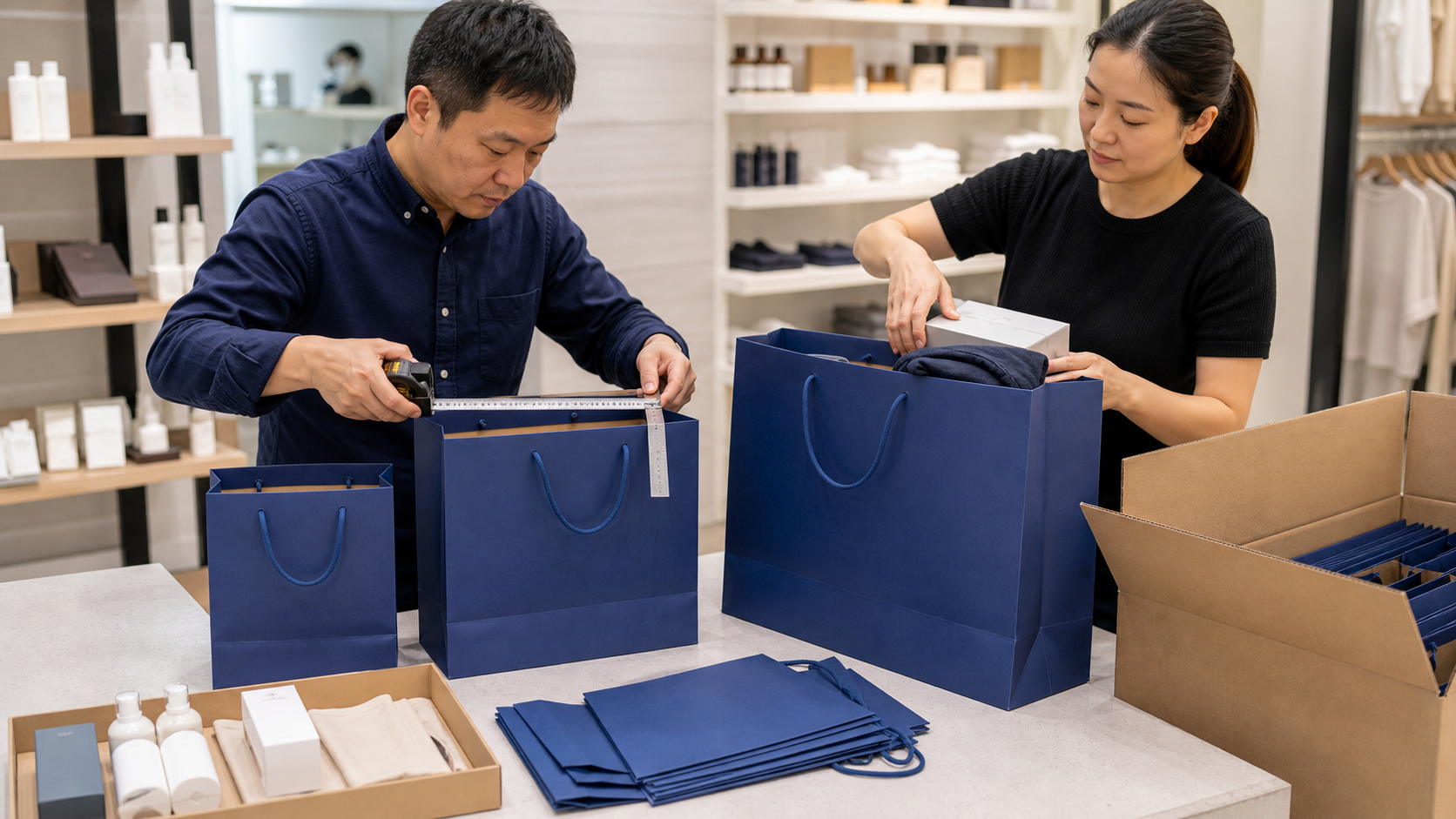 Retail team measuring small medium and large shopping bags and loading representative products