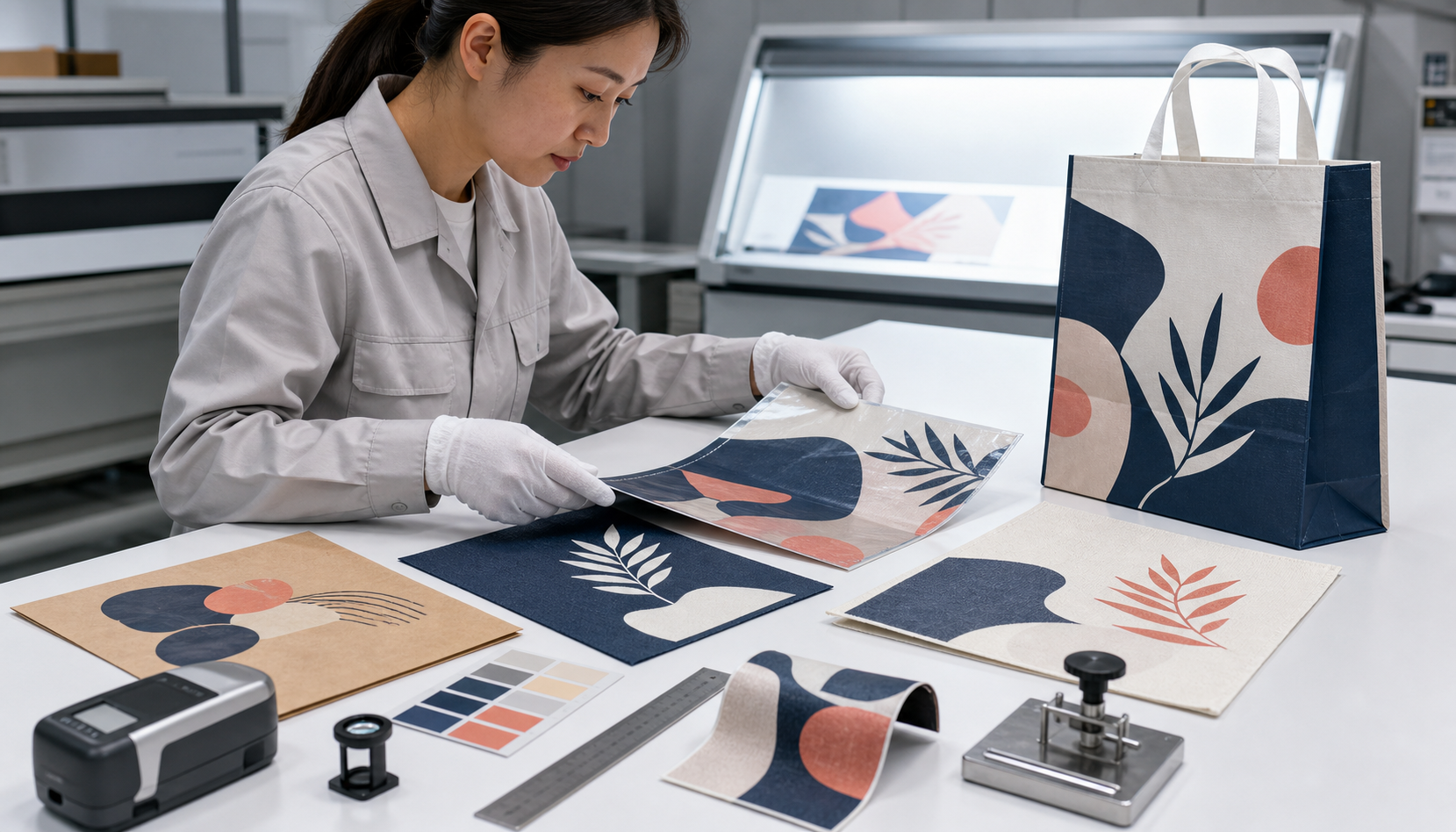Shopping bag print quality approval using material samples colour tools and rub testing