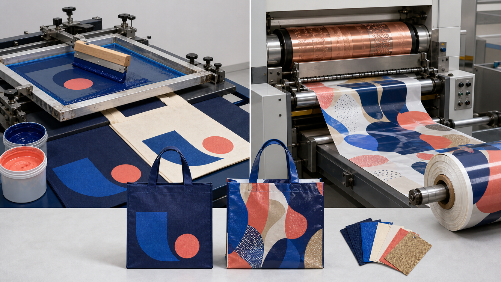 Screen printing and gravure printing processes for custom shopping bags