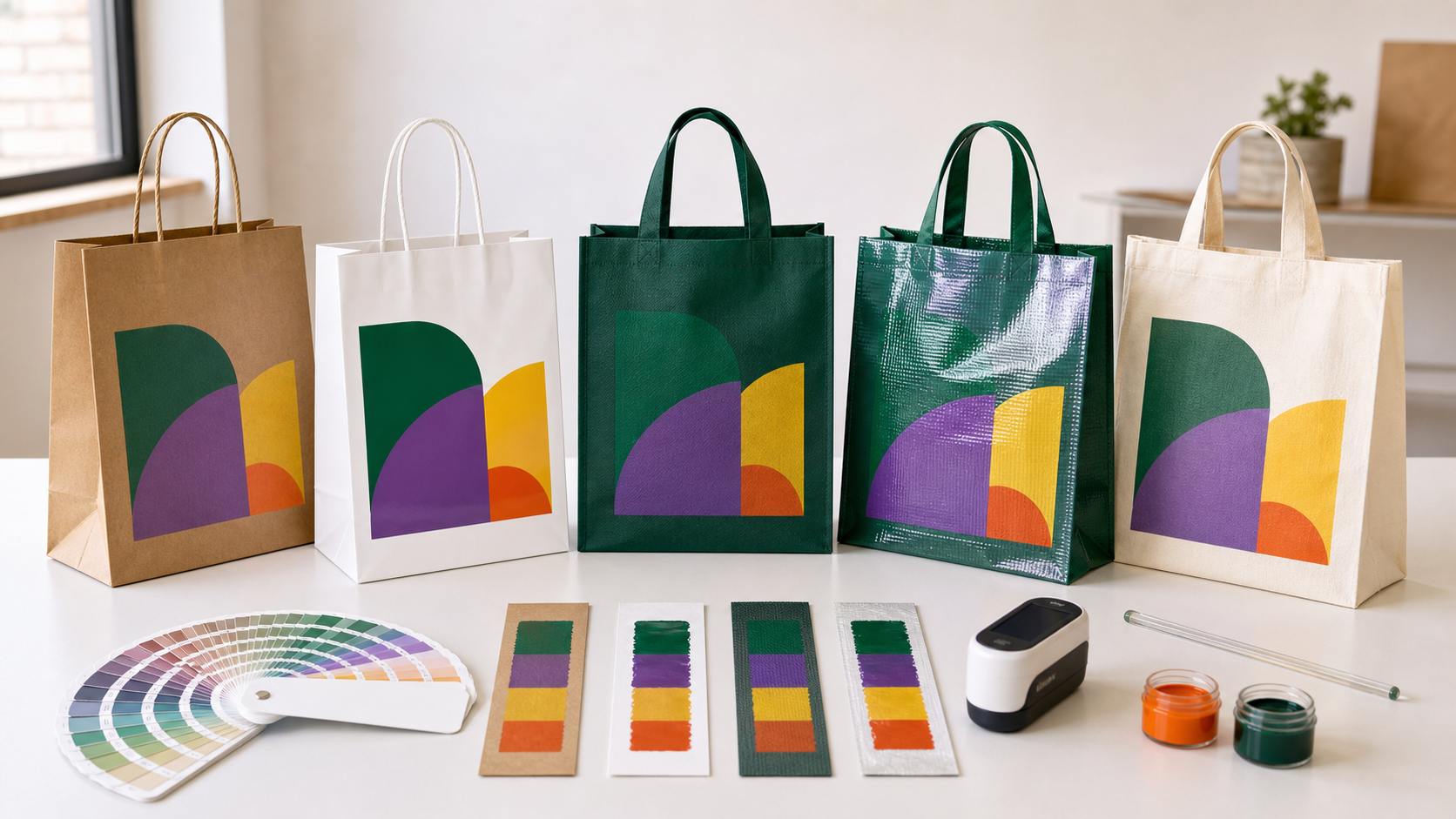 Shopping bag color matching across paper non-woven laminate and cotton substrates