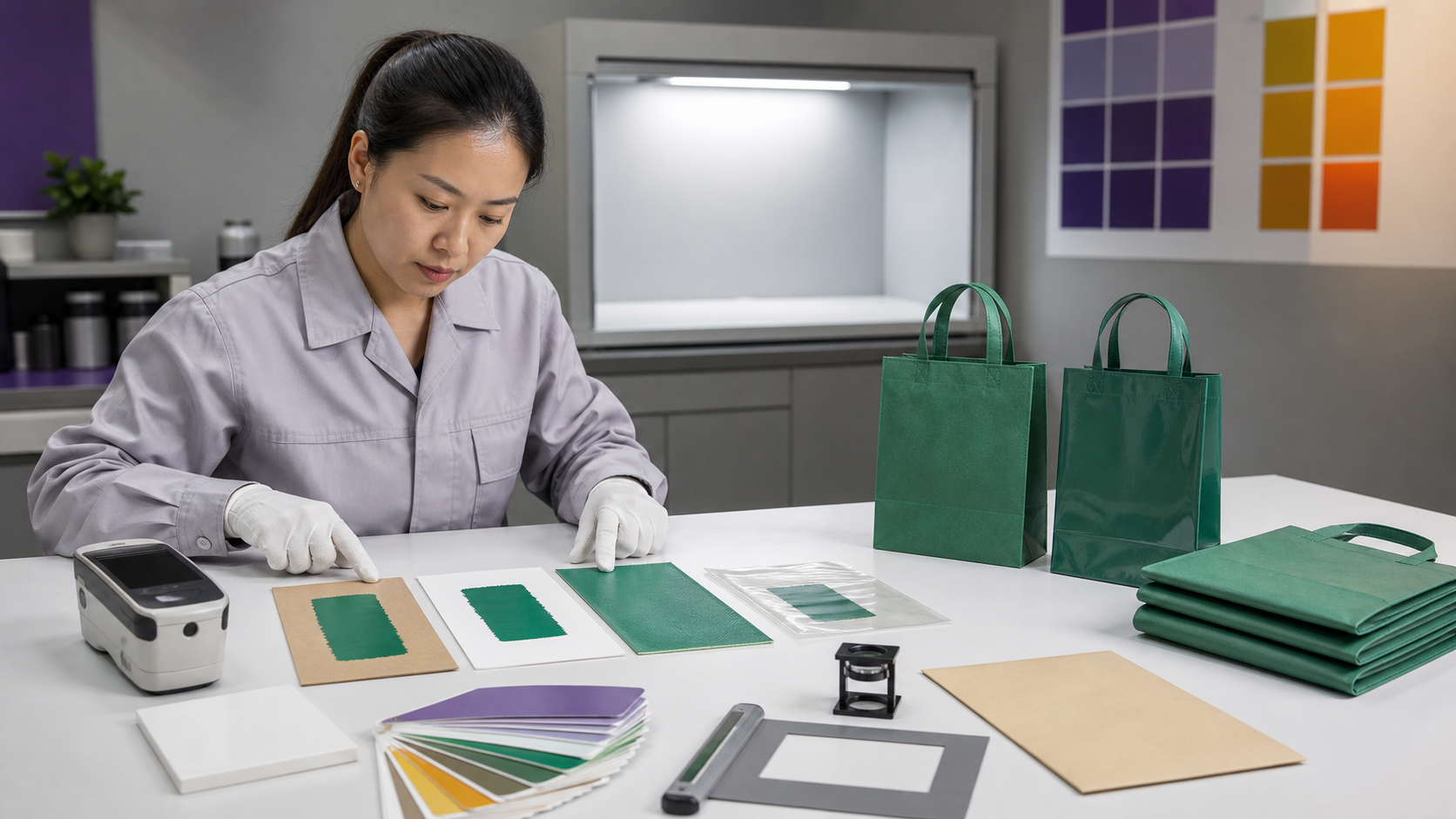 Shopping bag ink drawdown first-off and bulk color approval in a controlled light booth