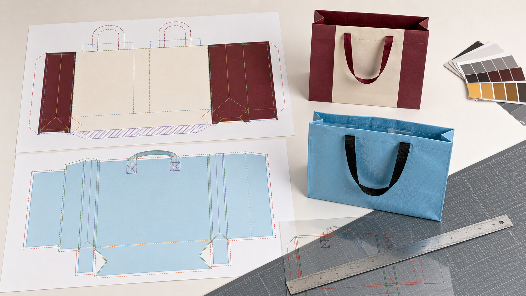 Shopping bag artwork and dieline layouts
