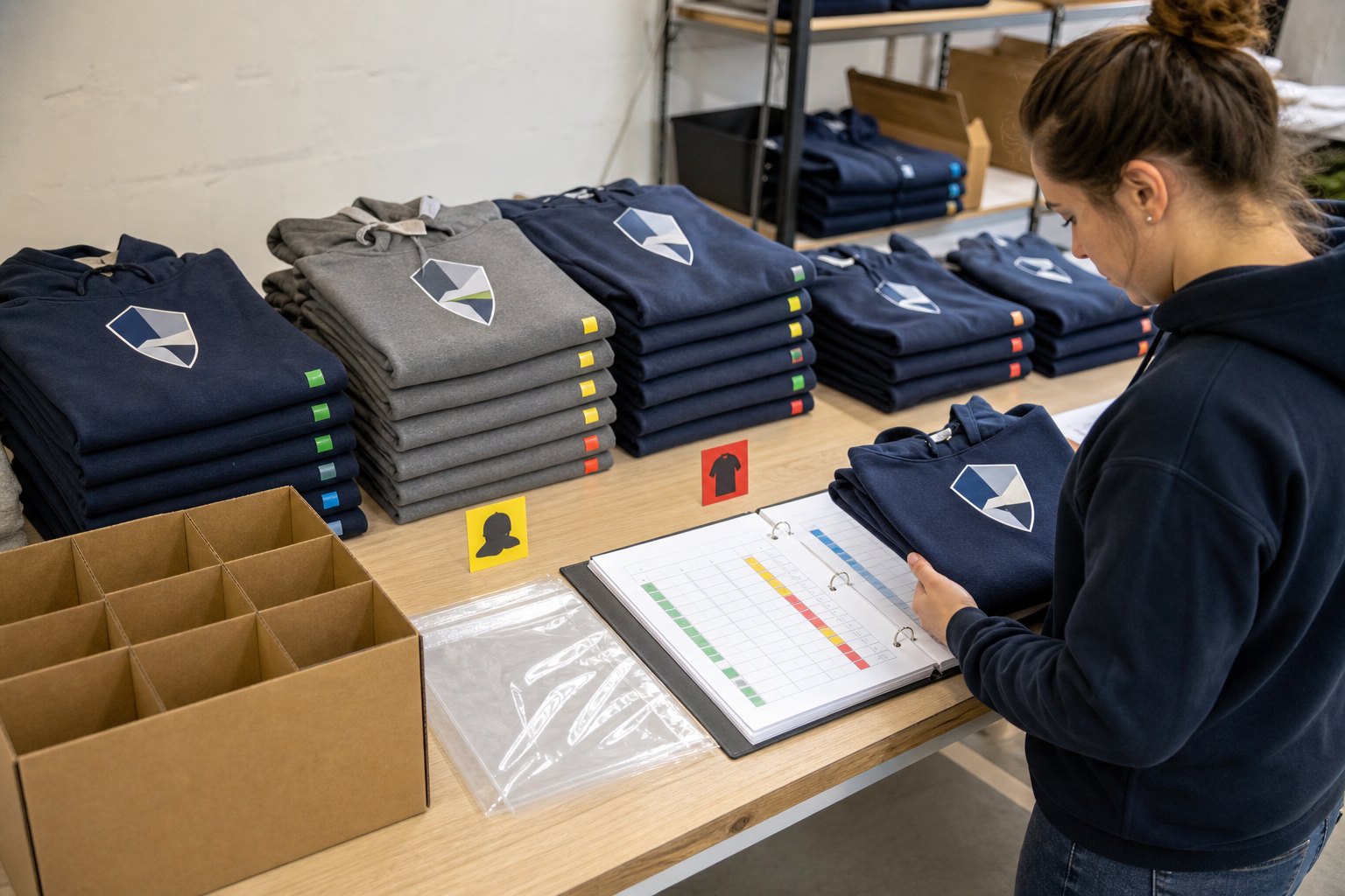 Contrôle qualité de l'emballage des sweats à capuche des équipes sportives