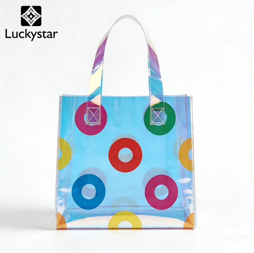A colorful transparent shopping bag from the LUCKYSTAR custom shopping bag range