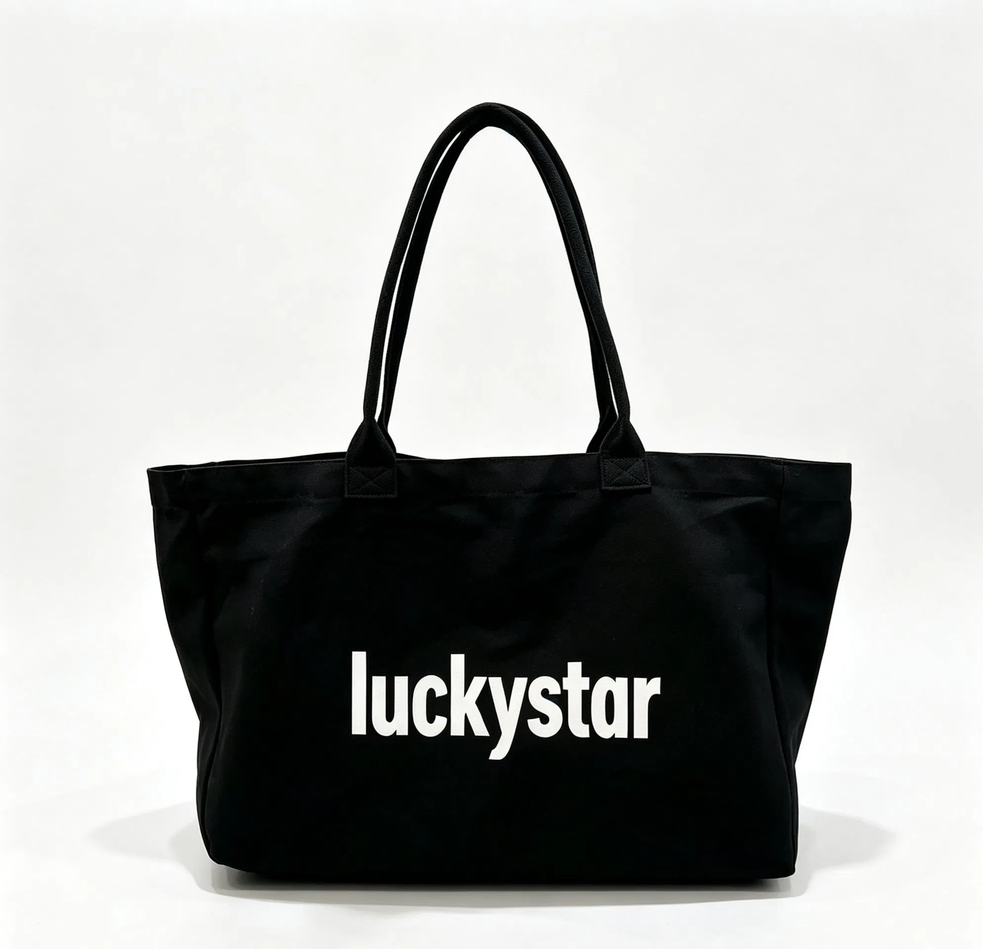 Black LUCKYSTAR canvas shopping bag used as a brand visibility reference