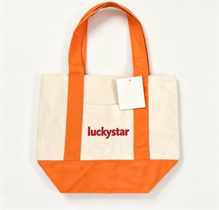 Orange and natural shopping bag with a blank swing tag