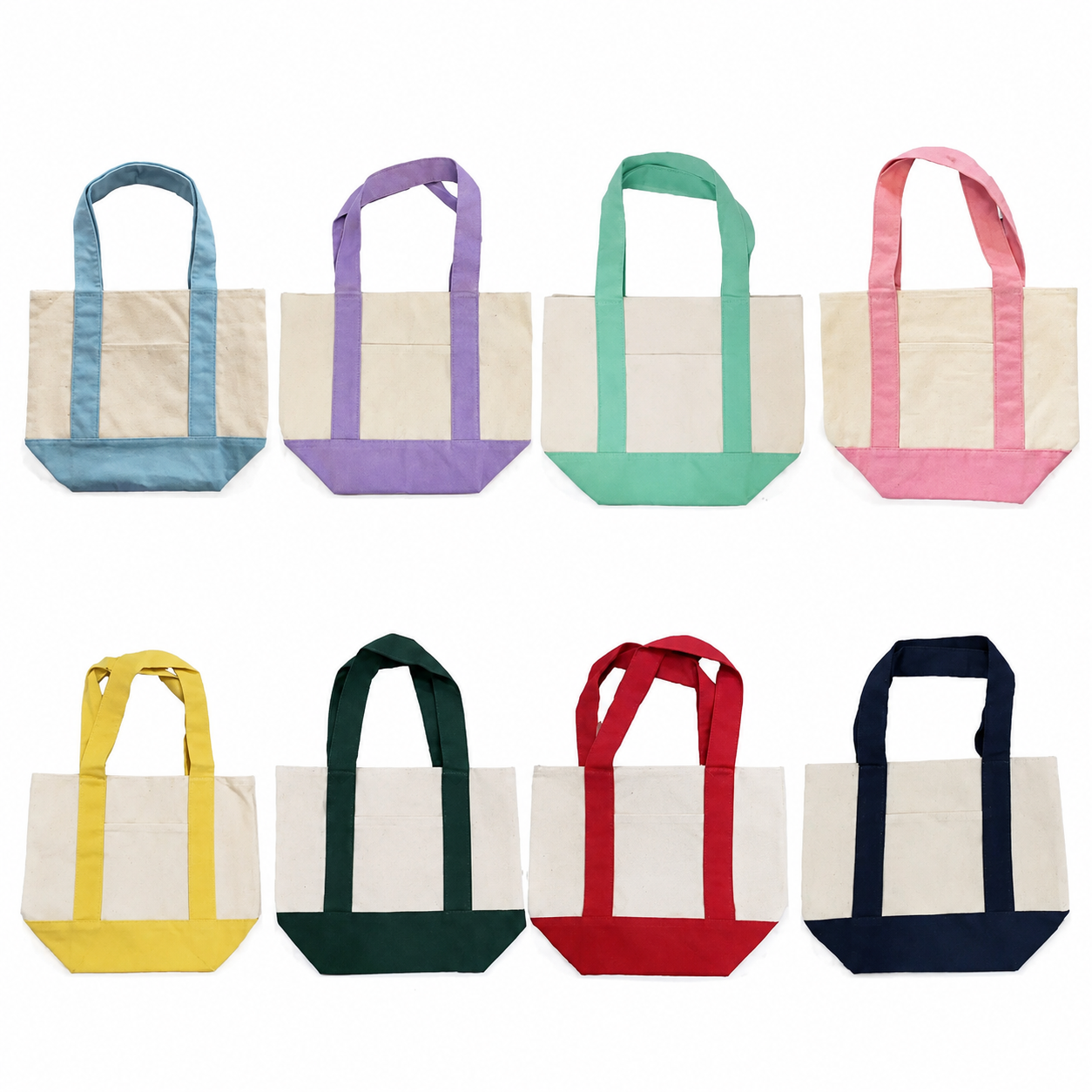 Huit échantillons de sacs fourre-tout bicolores de différentes couleurs pour la planification de petites séries