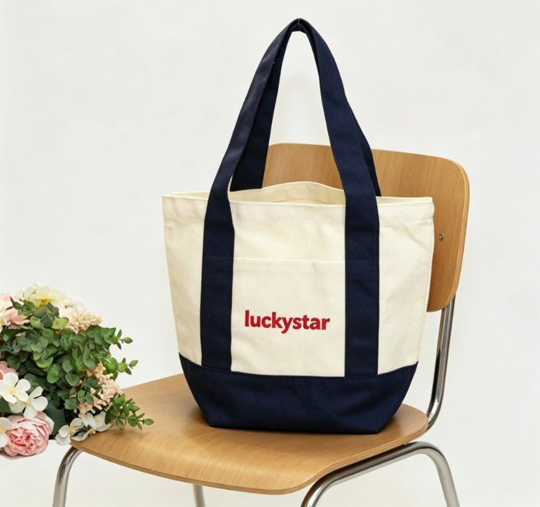 Large LUCKYSTAR reusable tote showing full-length handles and lower reinforcement
