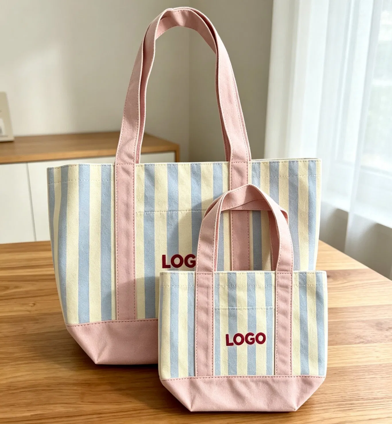 Striped reusable shopping bag in two sizes