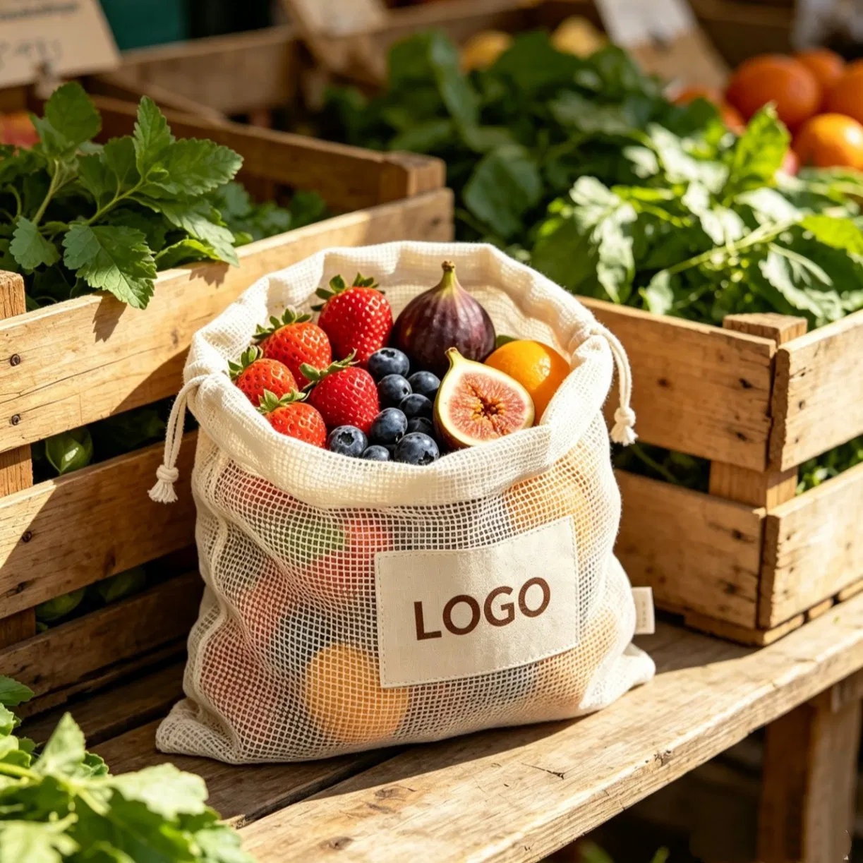 Reusable mesh shopping bag holding produce